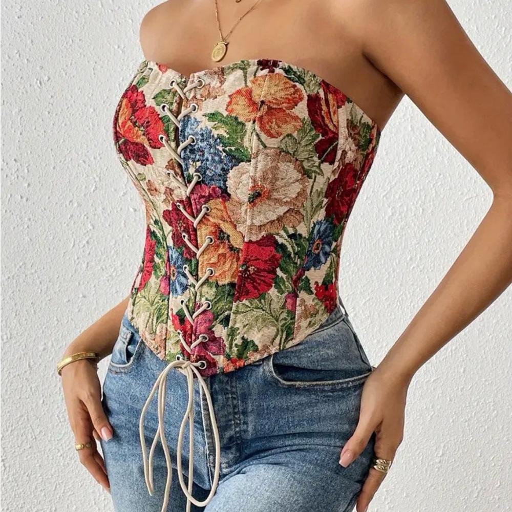 Floral Lace-Up Corset Top